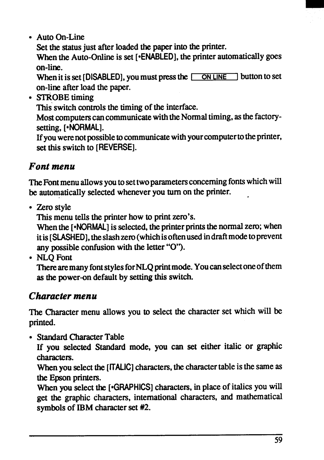 Star Micronics ZA-200, ZA-250 user manual Font menu 