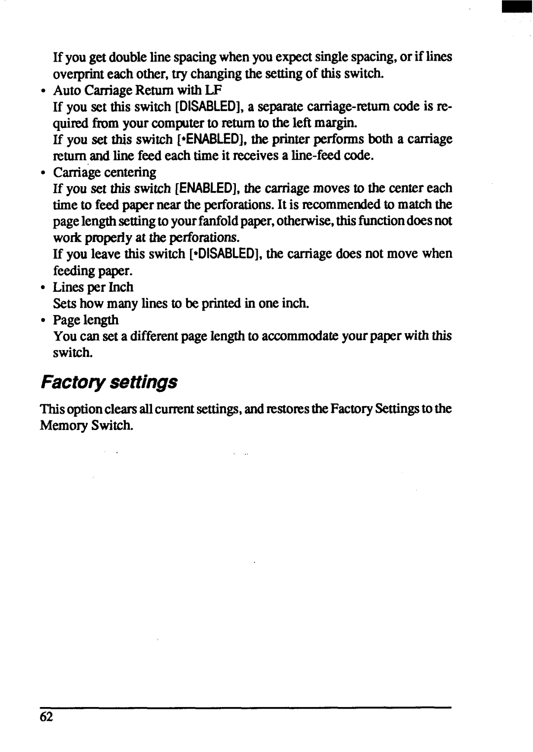 Star Micronics ZA-250, ZA-200 user manual Factorysettings 