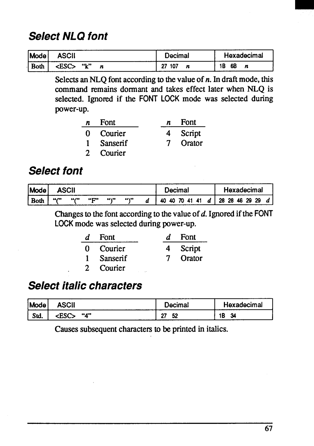 Star Micronics ZA-200, ZA-250 user manual SelectNLQ font, Select font, Seleutitalic characters 