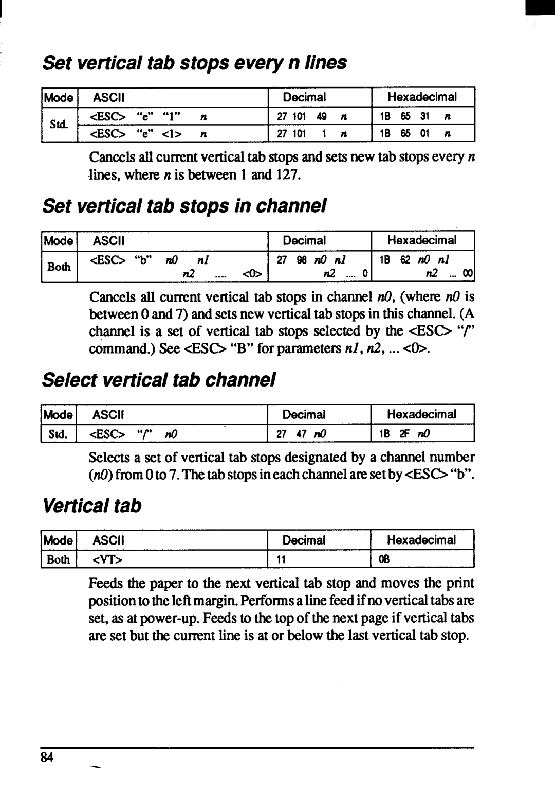 Star Micronics ZA-250 Set verticaltab stopsevery n lines, Set verticaltab stops in channel, Select verticaltab channel 