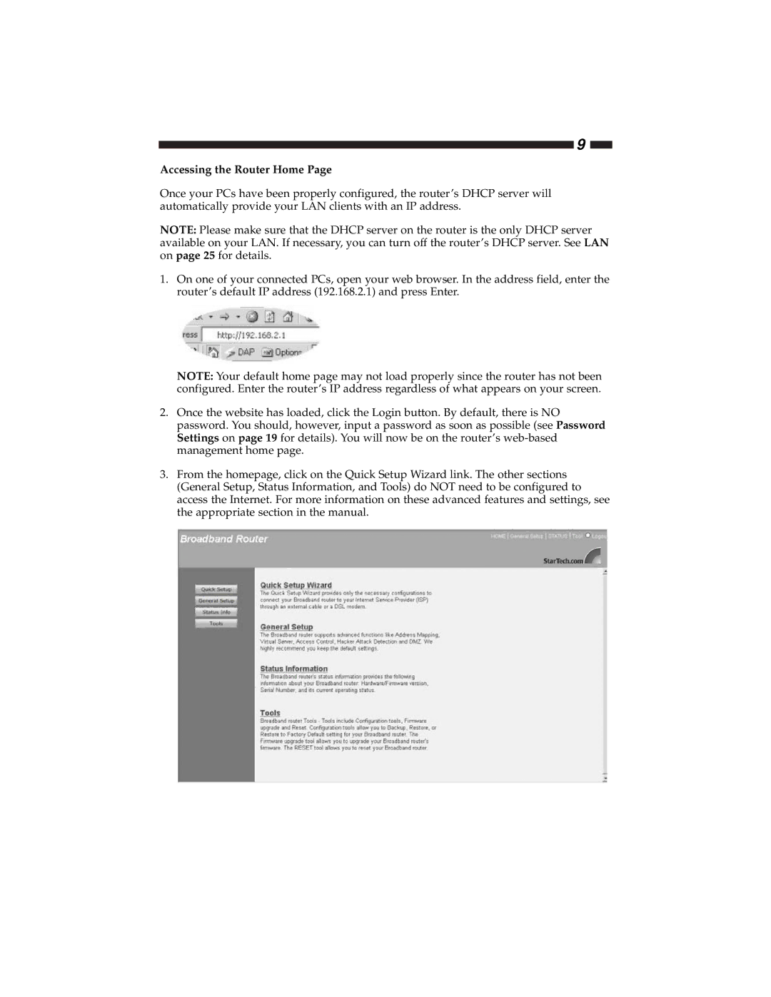 Star Tech Development BR4100DC manual Accessing the Router Home 