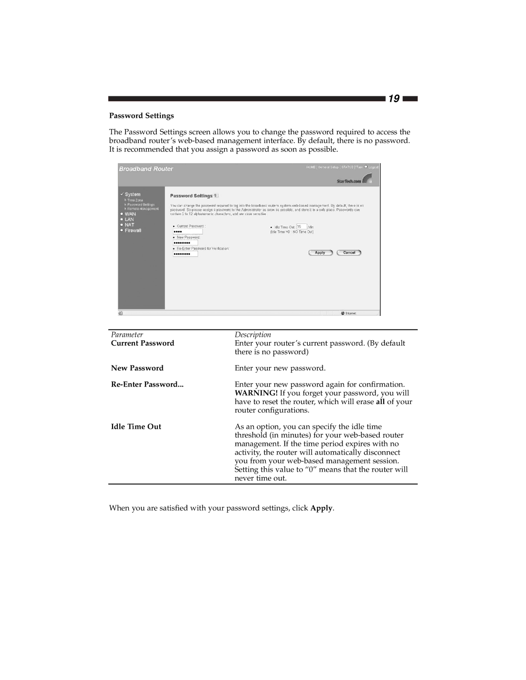 Star Tech Development BR4100DC manual Password Settings, Current Password, New Password, Re-Enter Password 