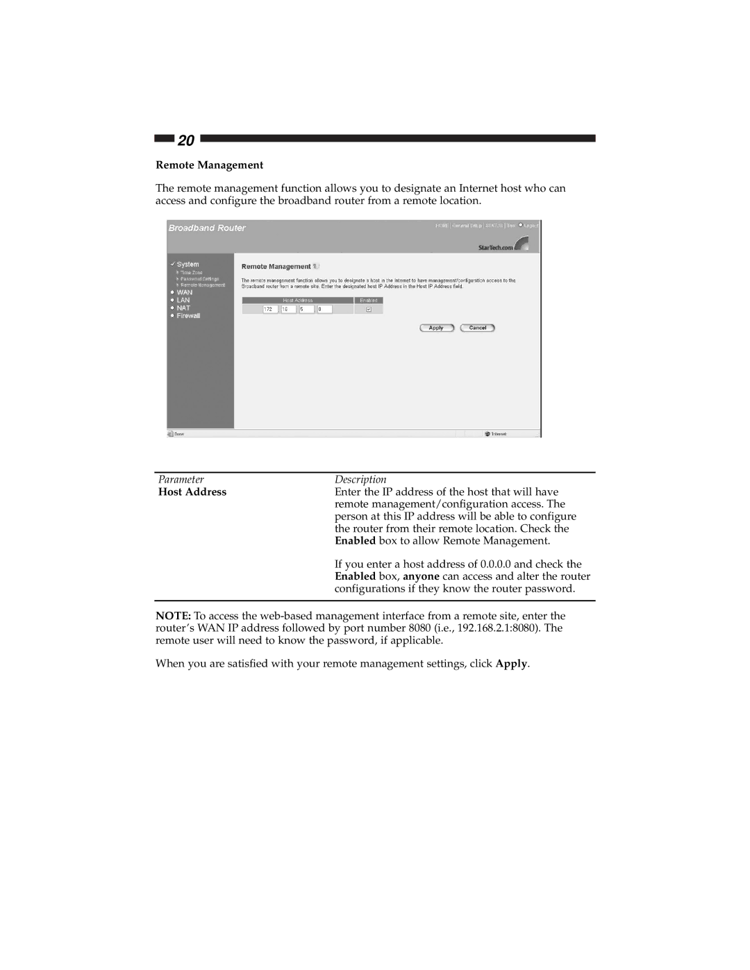 Star Tech Development BR4100DC manual Remote Management, Host Address 