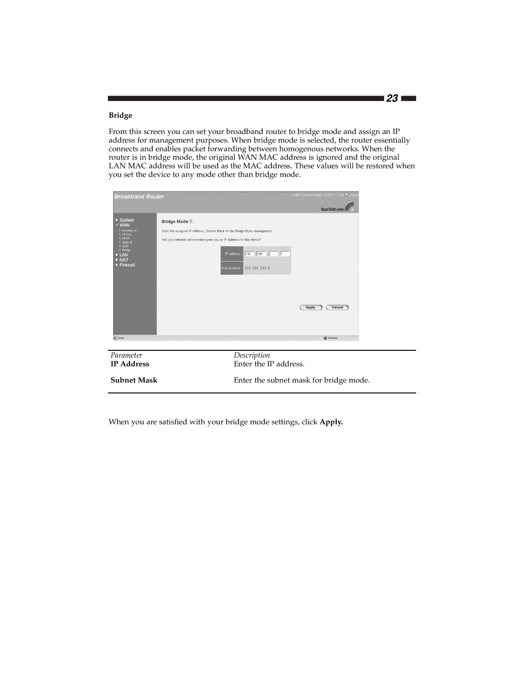 Star Tech Development BR4100DC manual Bridge, IP Address 