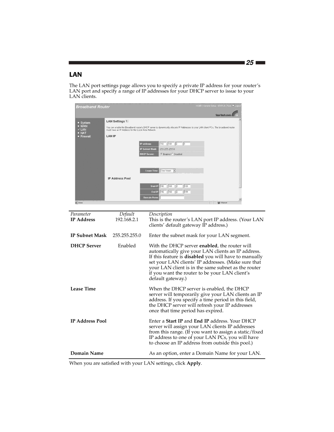 Star Tech Development BR4100DC manual IP Subnet Mask, Dhcp Server, Lease Time, IP Address Pool, Domain Name 