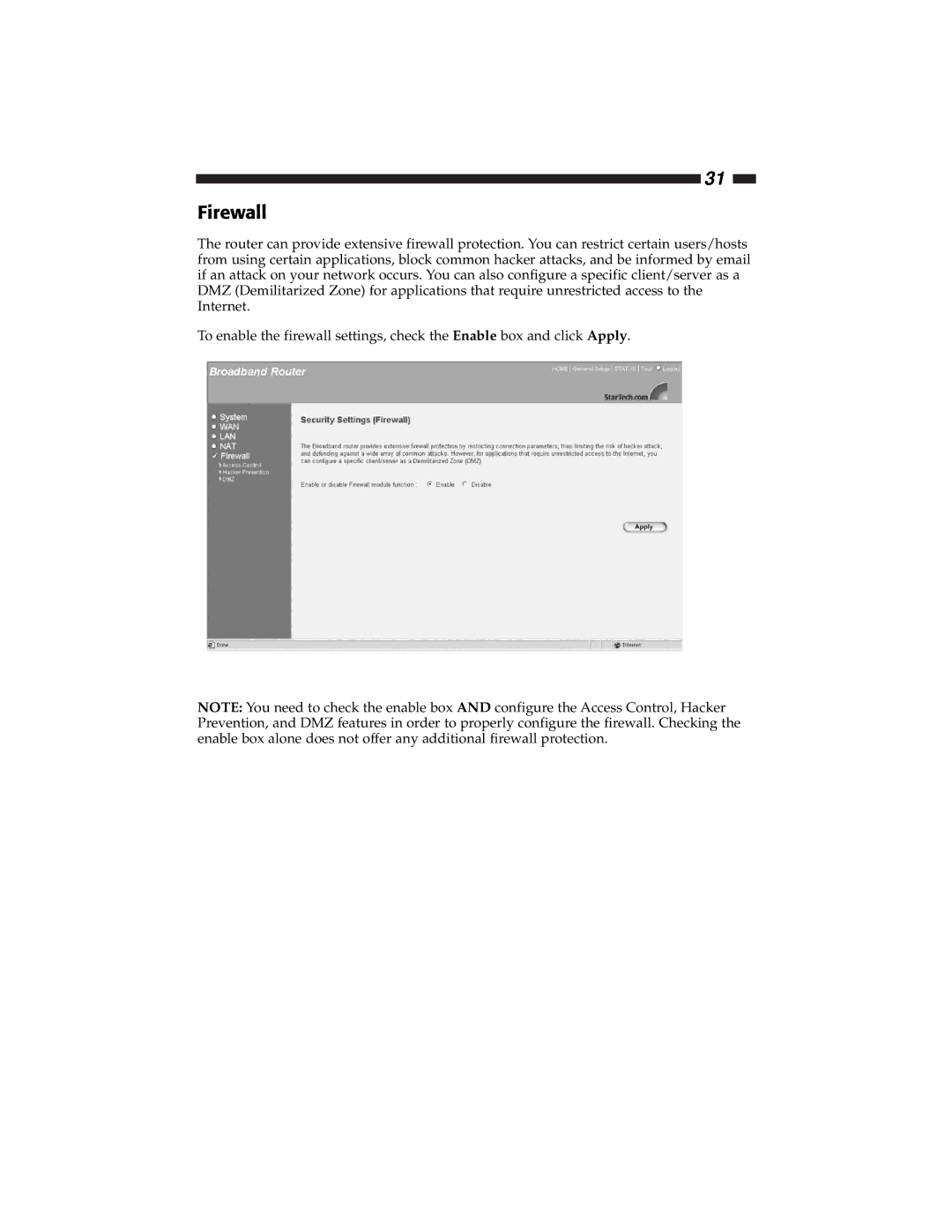 Star Tech Development BR4100DC manual Firewall 