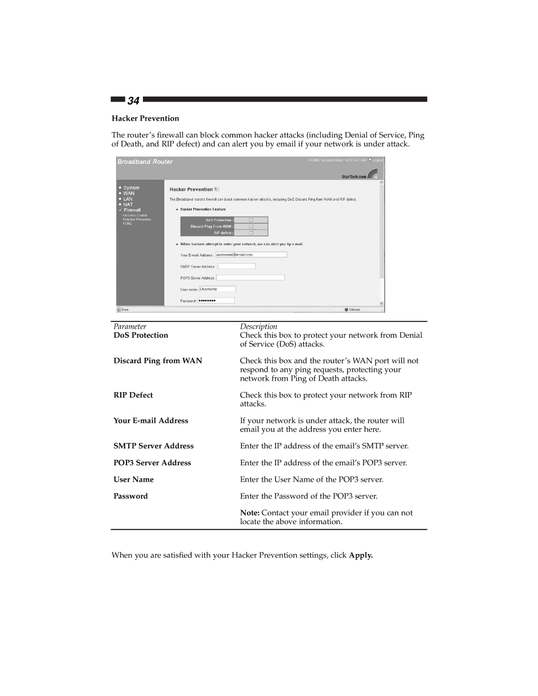 Star Tech Development BR4100DC DoS Protection, Discard Ping from WAN, RIP Defect, Your E-mail Address, Smtp Server Address 