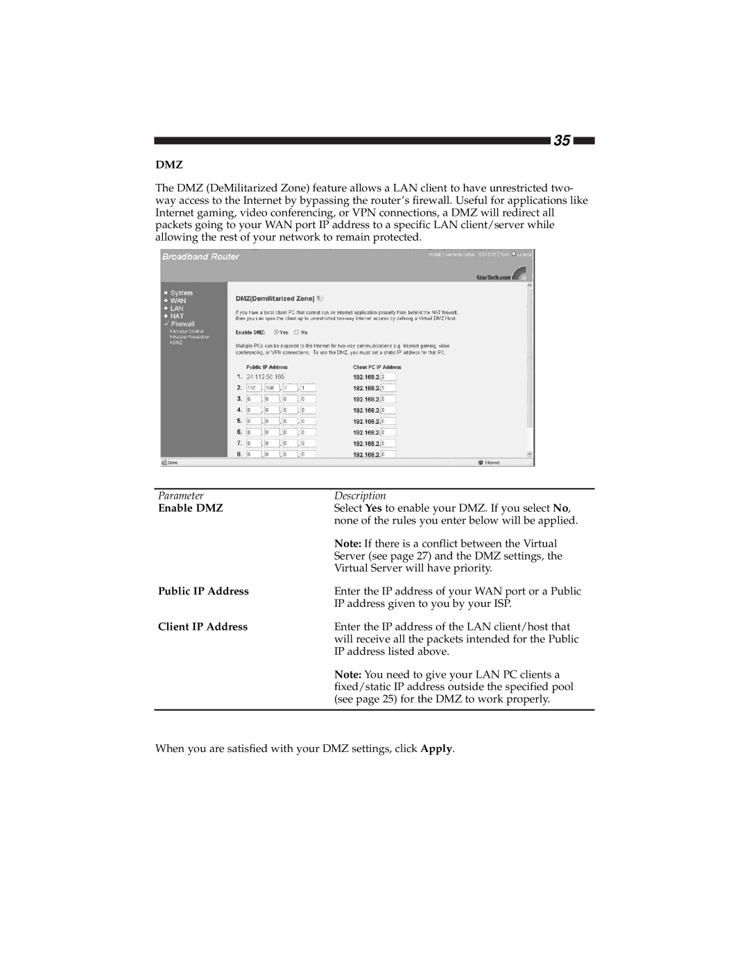 Star Tech Development BR4100DC manual Enable DMZ, Public IP Address, Client IP Address 