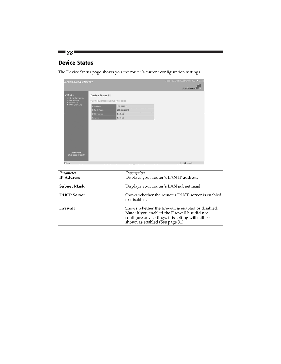 Star Tech Development BR4100DC manual Device Status, Firewall 