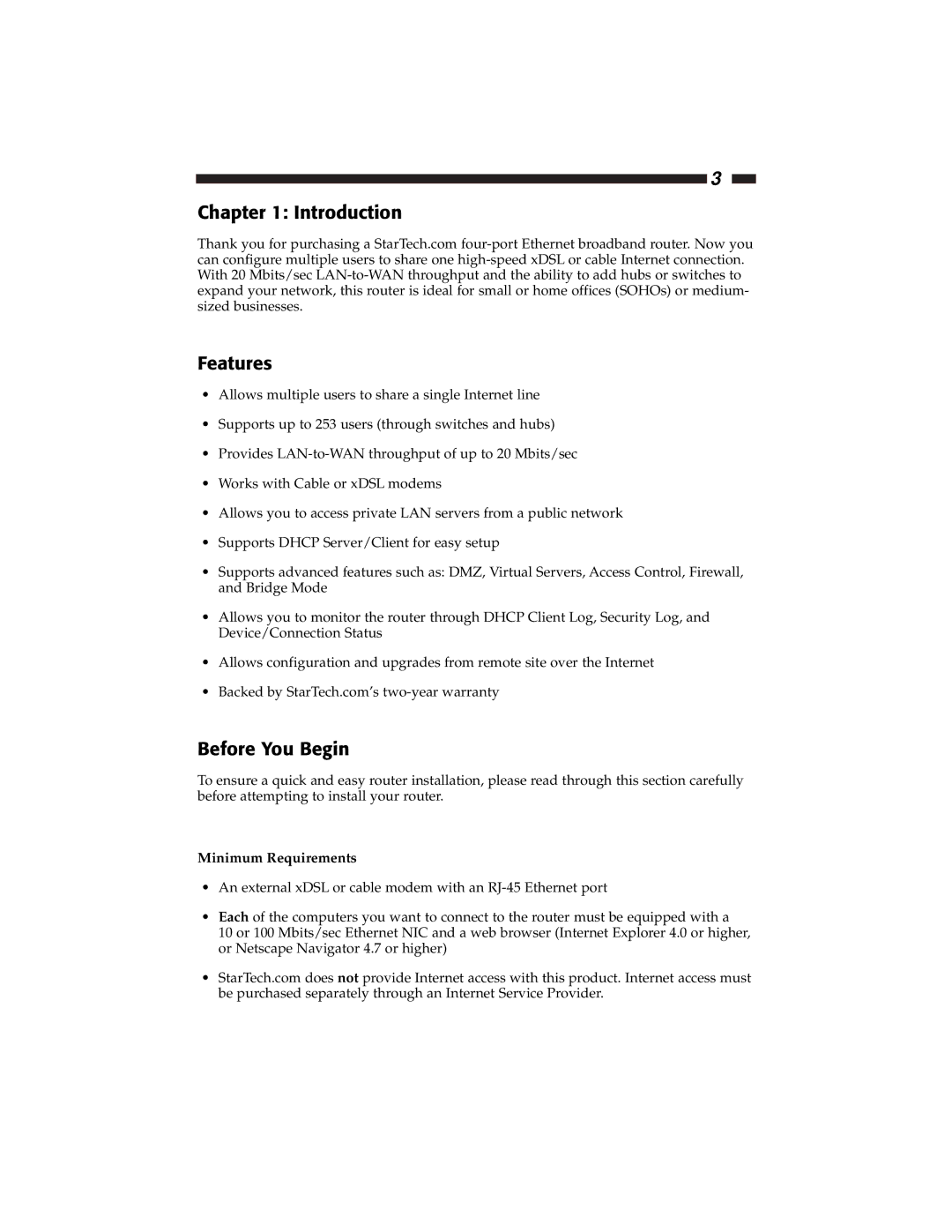 Star Tech Development BR4100DC manual Introduction Features, Before You Begin, Minimum Requirements 