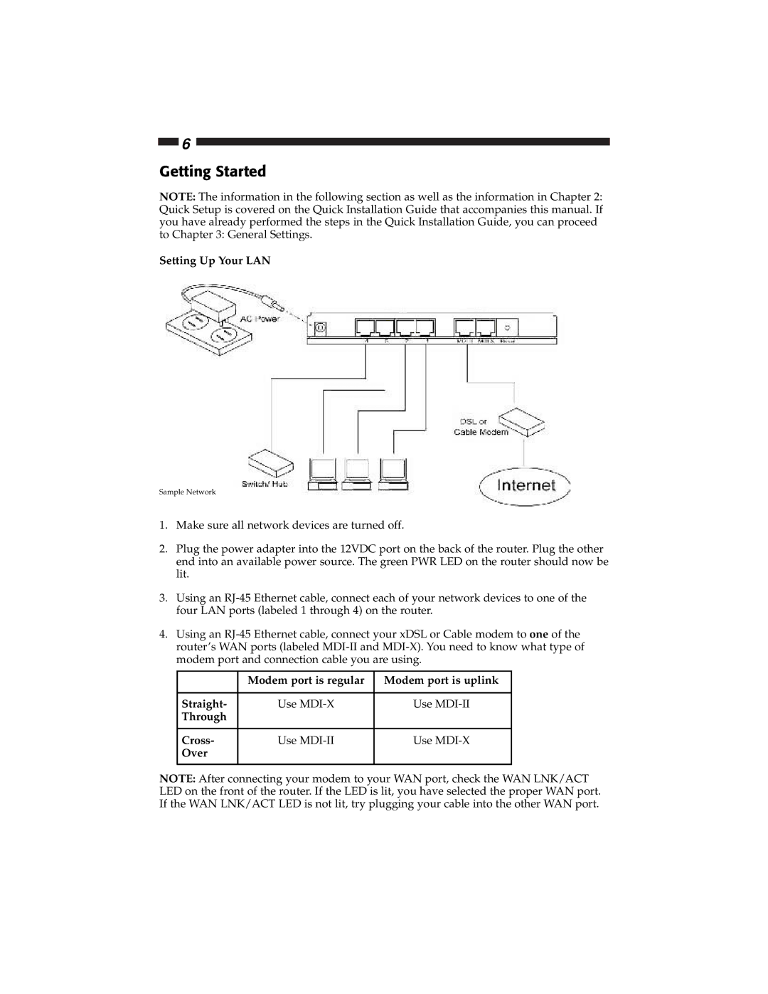 Star Tech Development BR4100DC Getting Started, Setting Up Your LAN, Modem port is regular Modem port is uplink Straight 