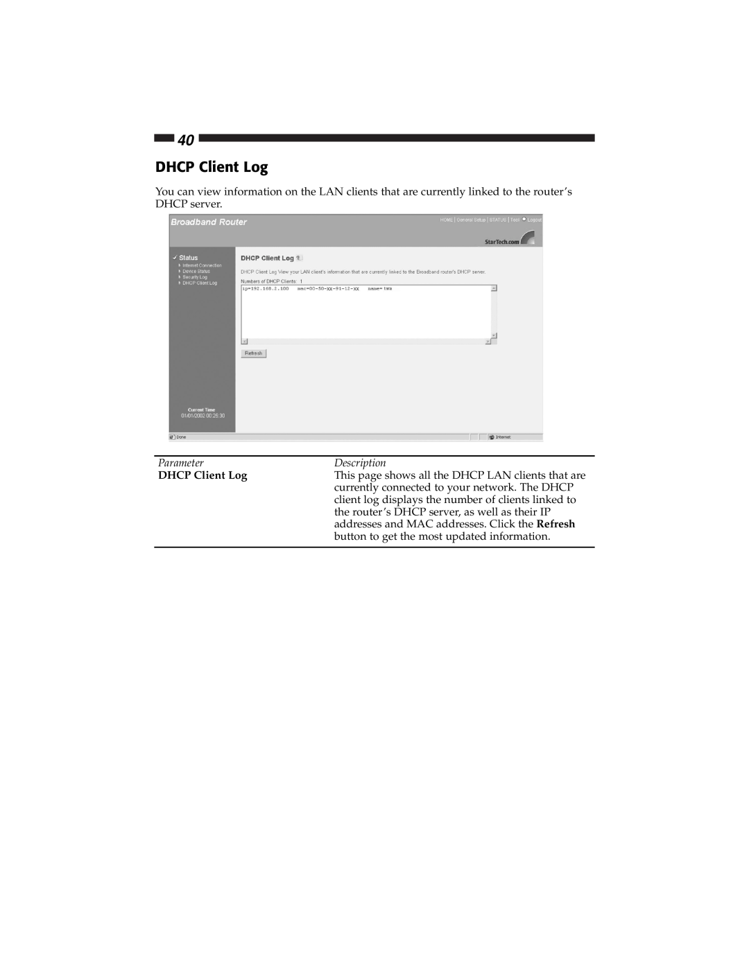 Star Tech Development BR4100DC manual DHCP Client Log 