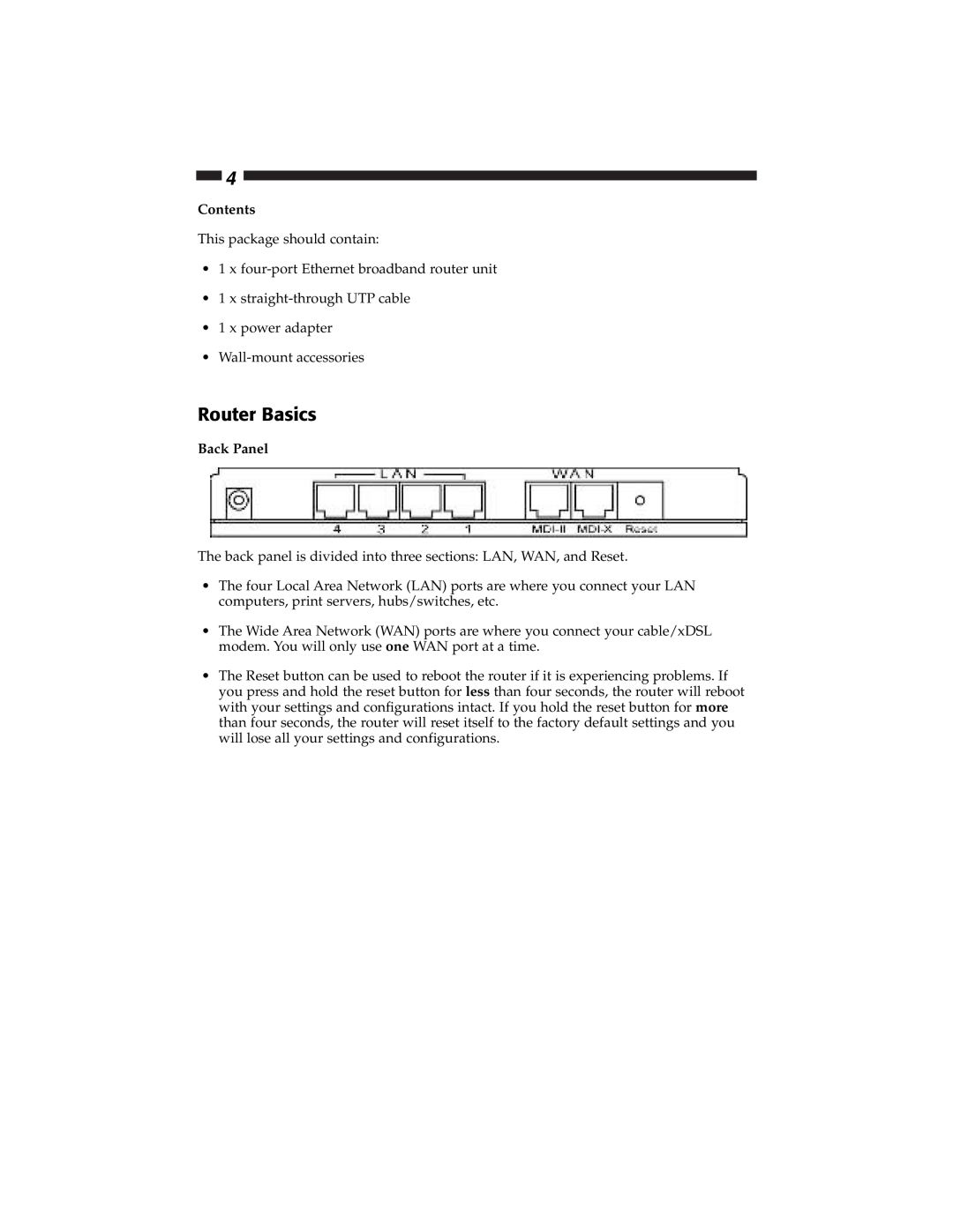 Star Tech Development BR4100DC manual Router Basics, Contents, Back Panel 