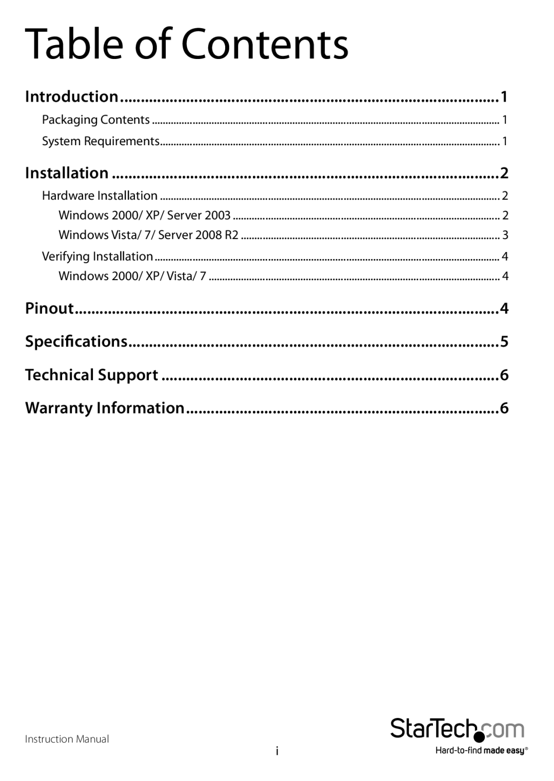 Star Tech Development ICUSB232FTN manual Table of Contents 