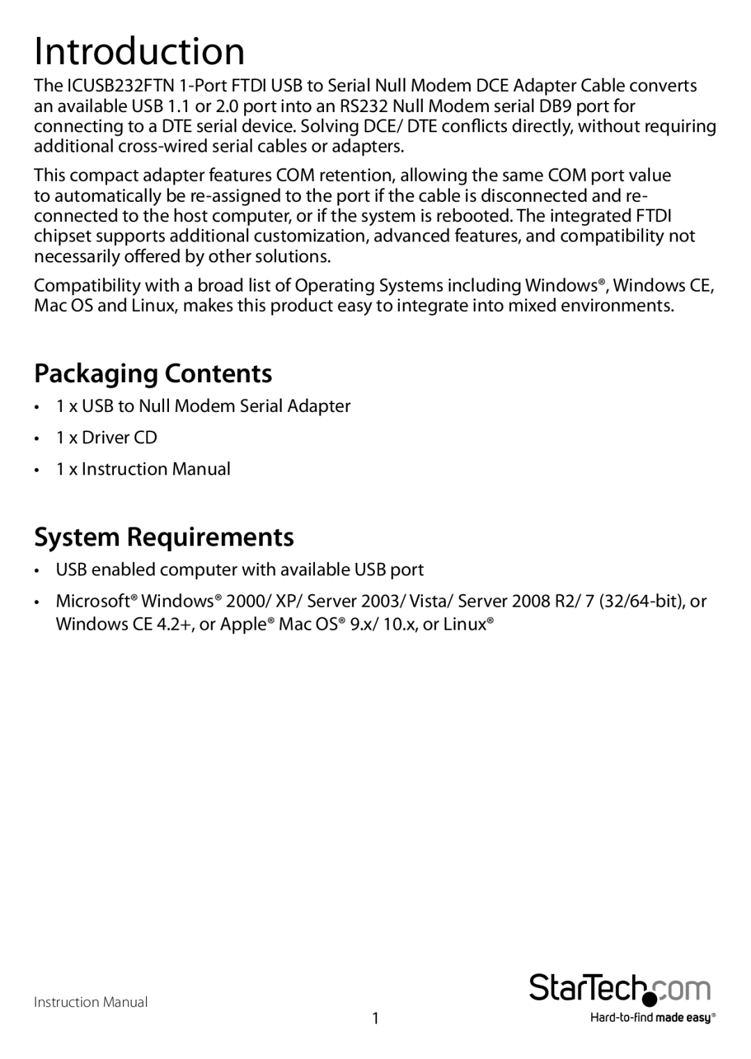 Star Tech Development ICUSB232FTN manual Introduction, Packaging Contents, System Requirements 