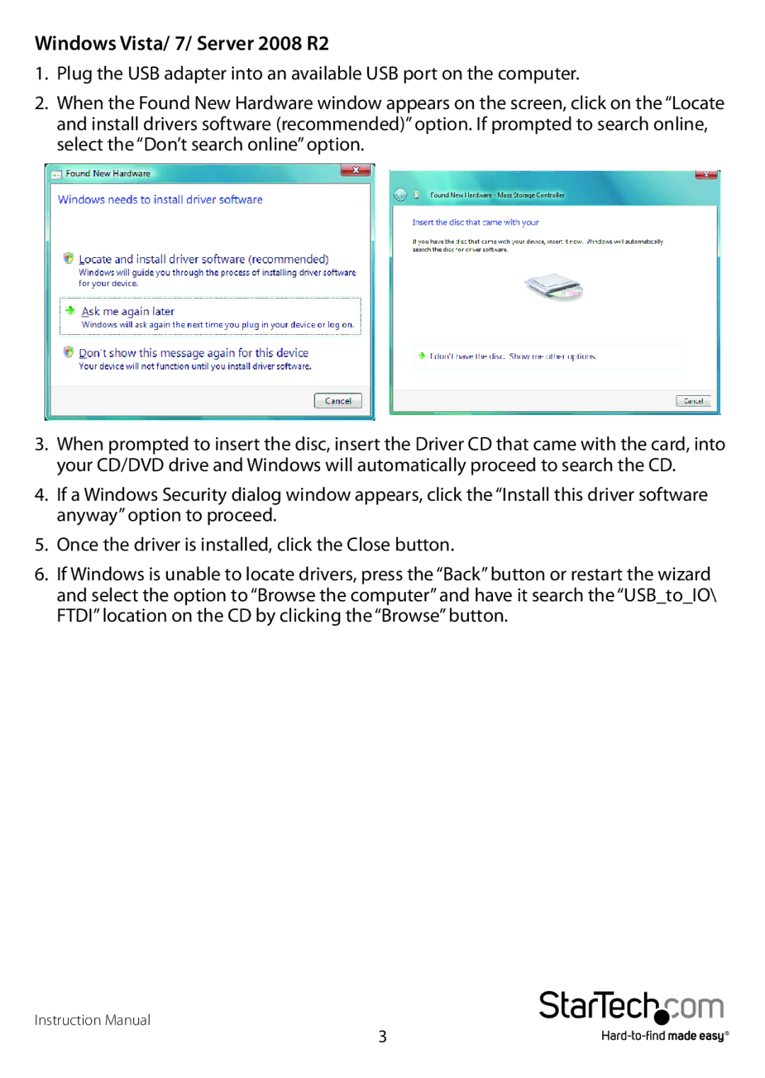 Star Tech Development ICUSB232FTN manual Windows Vista/ 7/ Server 2008 R2 