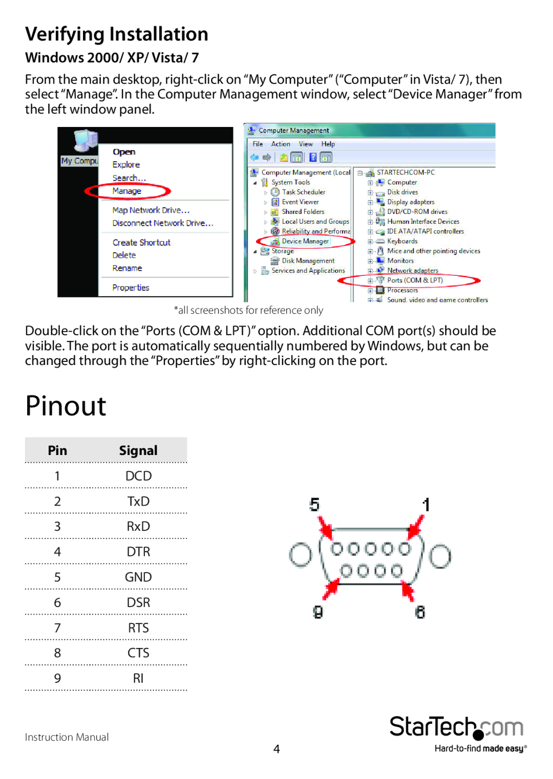 Star Tech Development ICUSB232FTN manual Pinout, Verifying Installation, Windows 2000/ XP/ Vista 