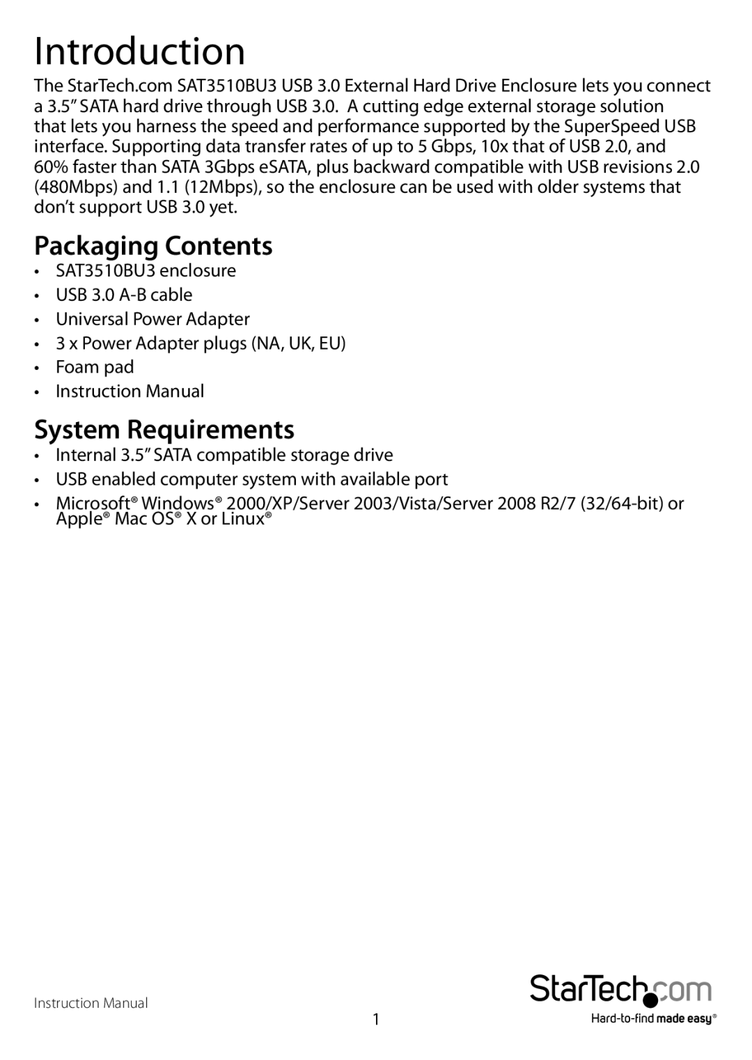 Star Tech Development SAT3510BU3 manual Introduction, Packaging Contents, System Requirements 