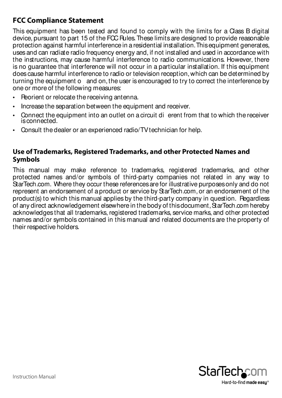 Star Tech Development ST1000SPEX4 manual FCC Compliance Statement 
