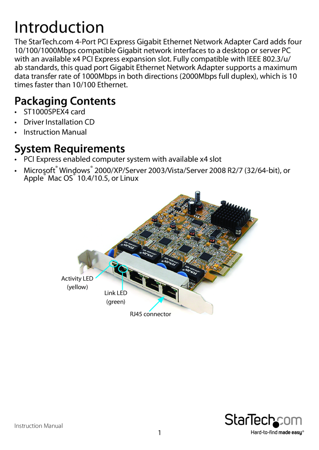 Star Tech Development ST1000SPEX4 manual Introduction, Packaging Contents, System Requirements 