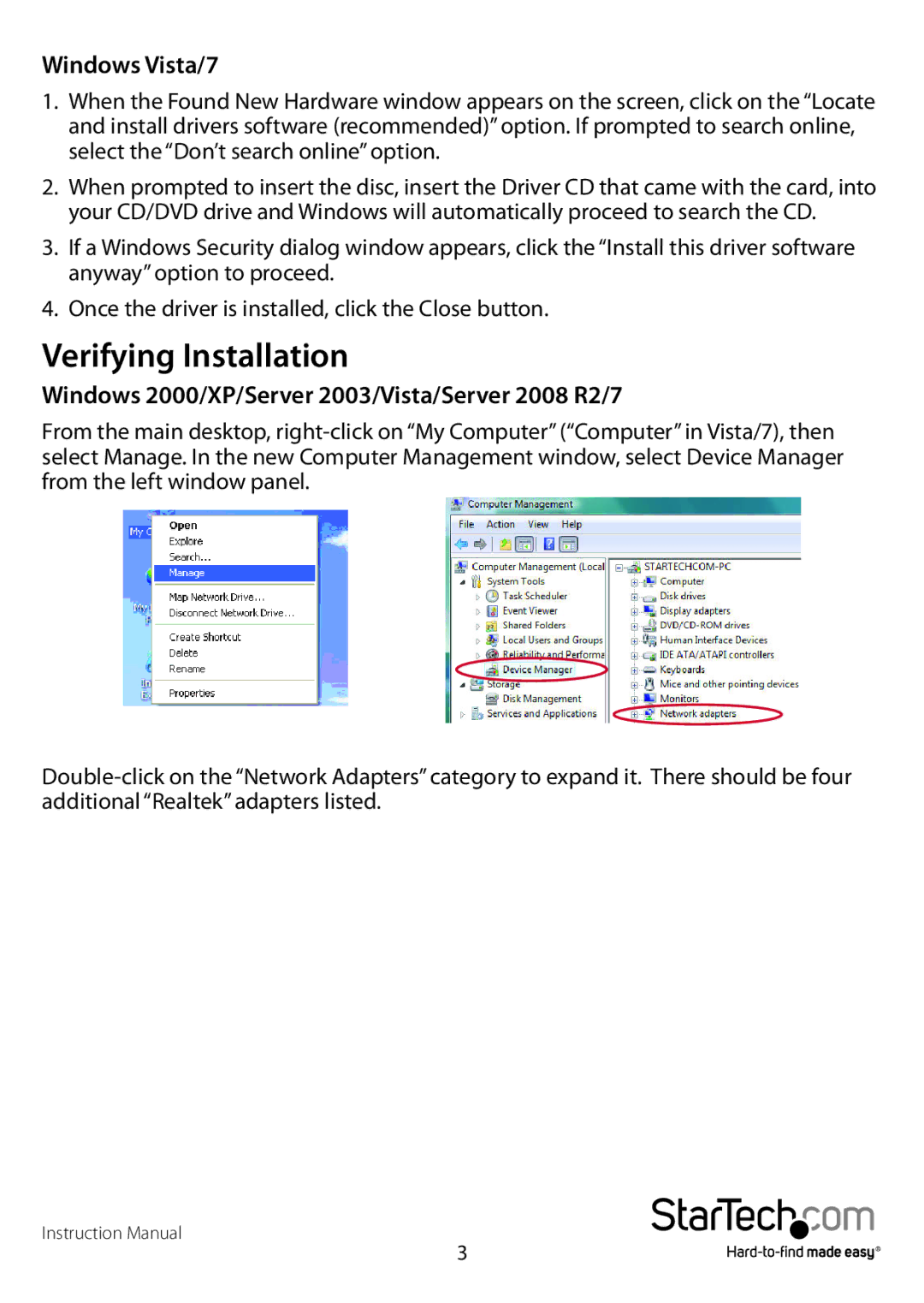 Star Tech Development ST1000SPEX4 manual Verifying Installation, Windows Vista/7 