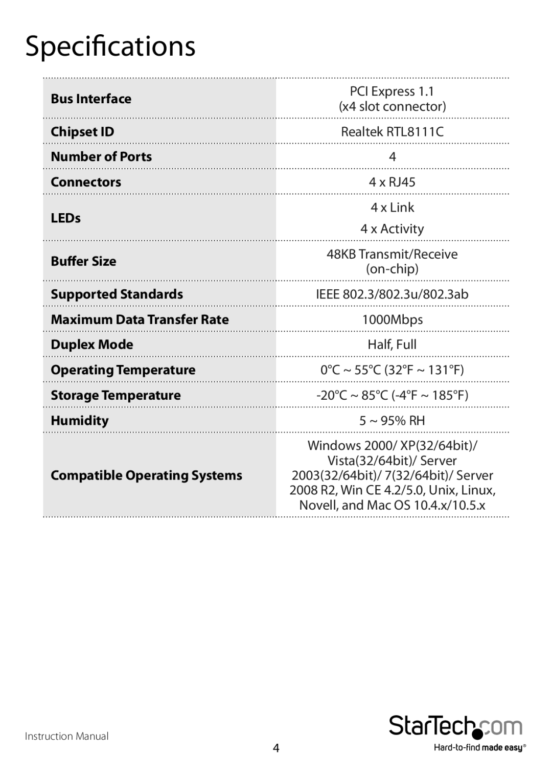 Star Tech Development ST1000SPEX4 manual Specifications, Compatible Operating Systems 