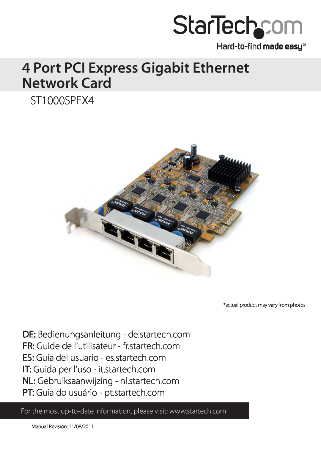 Star Tech Development ST1000SPEX4 manual Port PCI Express Gigabit Ethernet Network Card, Manual Revision 11/08/2011 