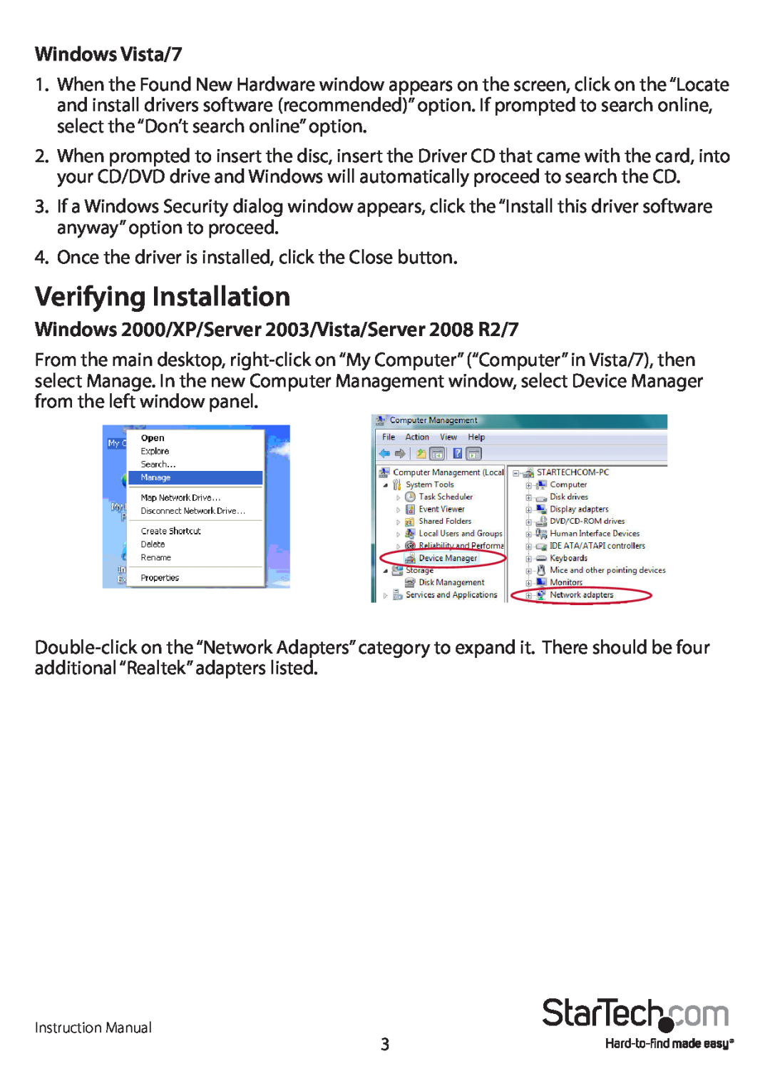 Star Tech Development ST1000SPEX4 manual Verifying Installation, Windows Vista/7 