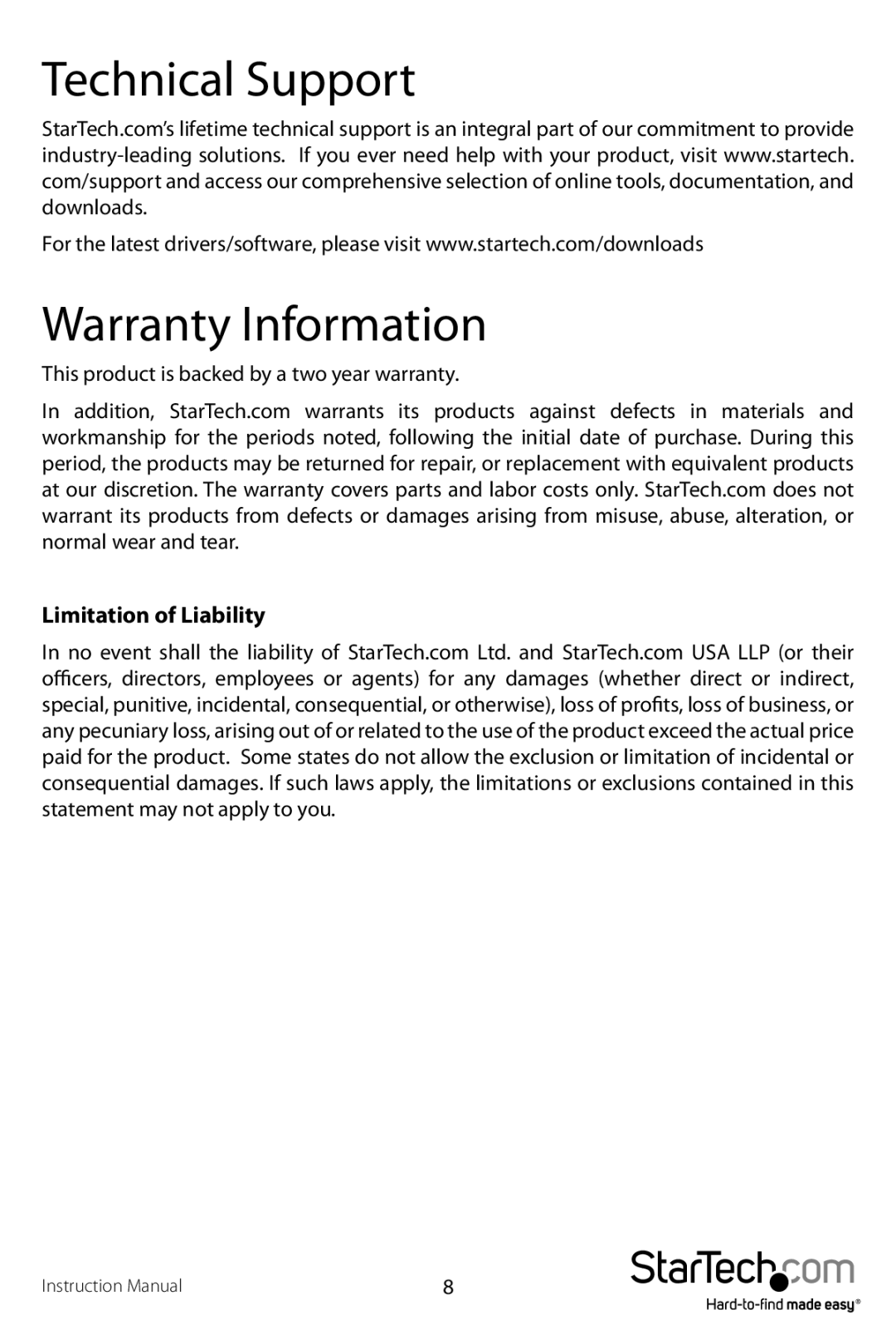 Star Tech Development ST121UTPEU, ST121UTPGB manual Technical Support Warranty Information, Limitation of Liability 