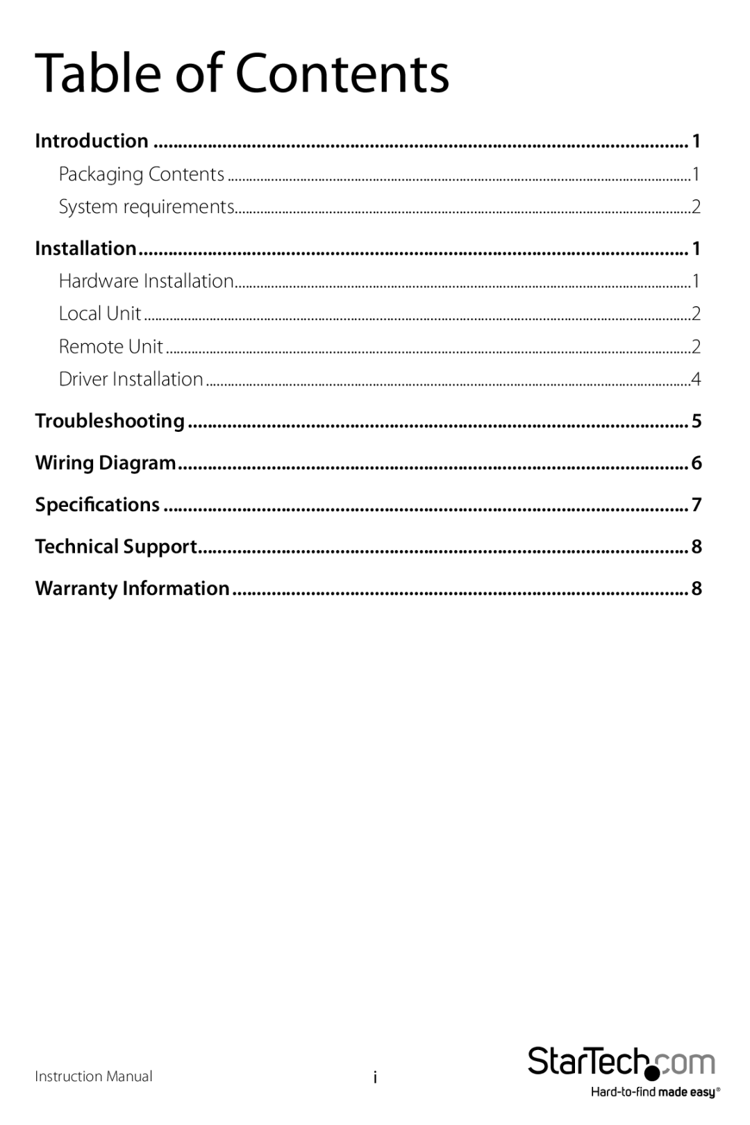 Star Tech Development ST121UTPEU, ST121UTPGB manual Table of Contents 