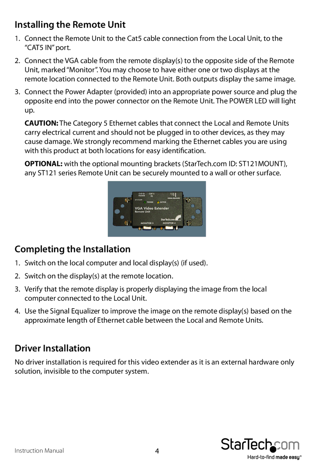 Star Tech Development ST121UTPGB, ST121UTPEU Installing the Remote Unit, Completing the Installation, Driver Installation 