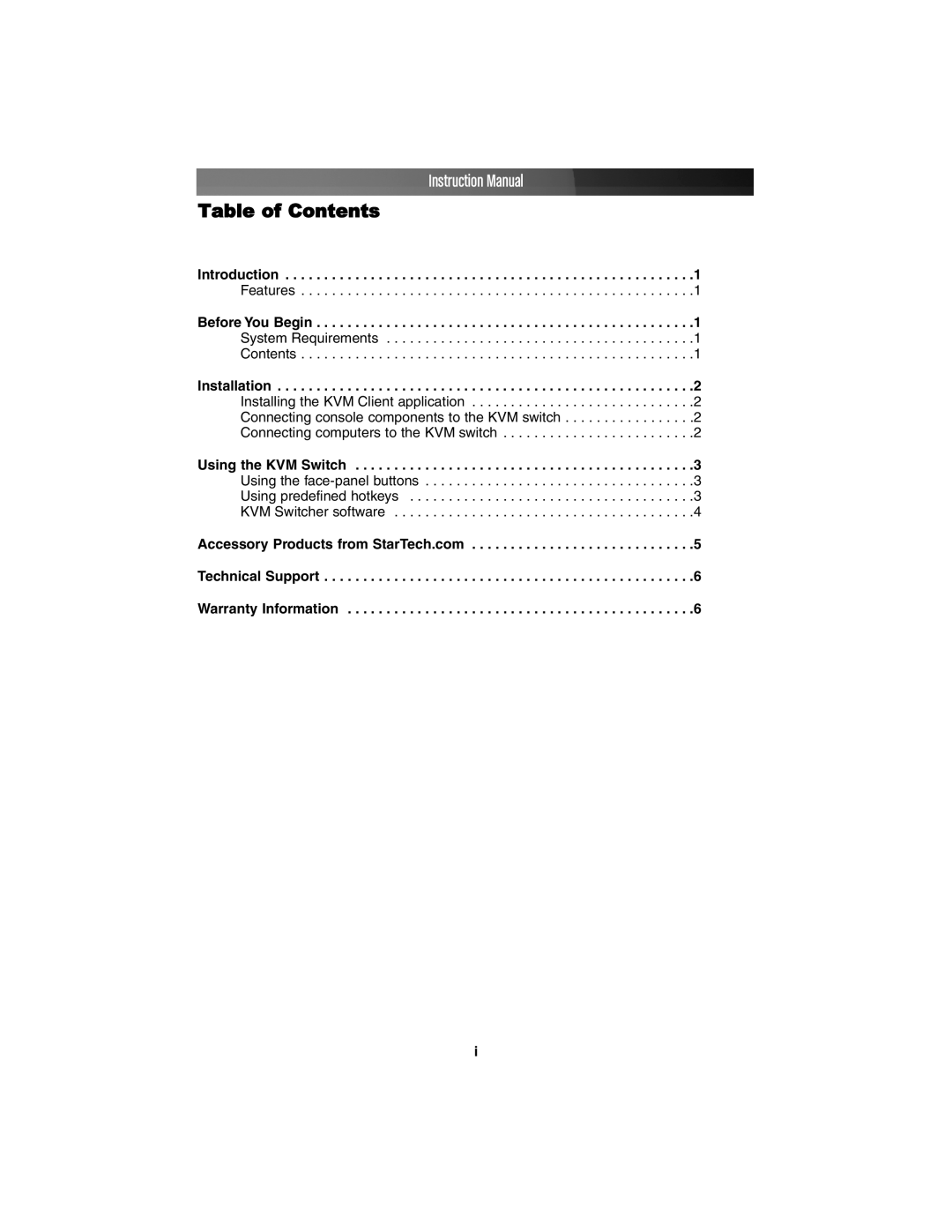 Star Tech Development SV211KUSB instruction manual Table of Contents 