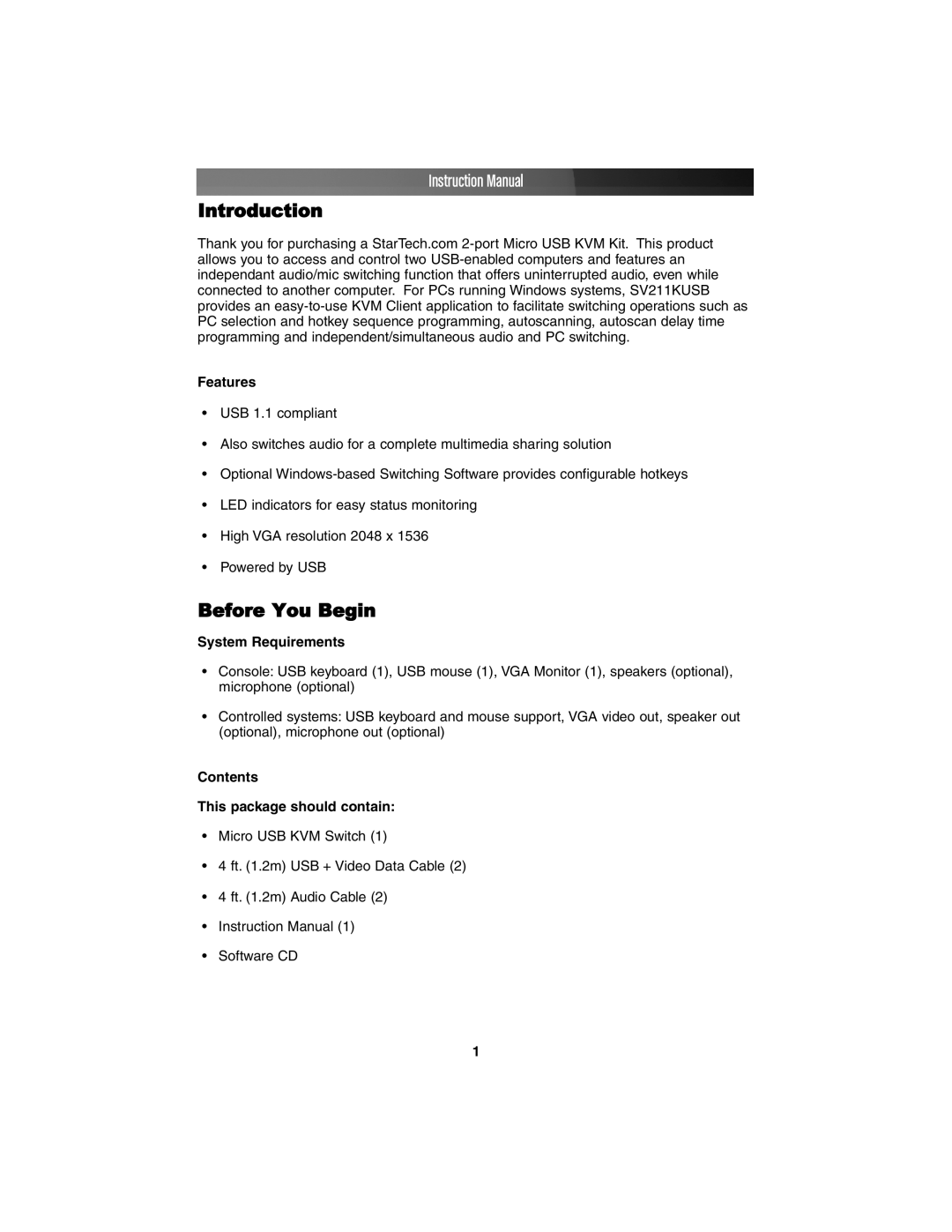 Star Tech Development SV211KUSB instruction manual Introduction, Before You Begin, Features, System Requirements 