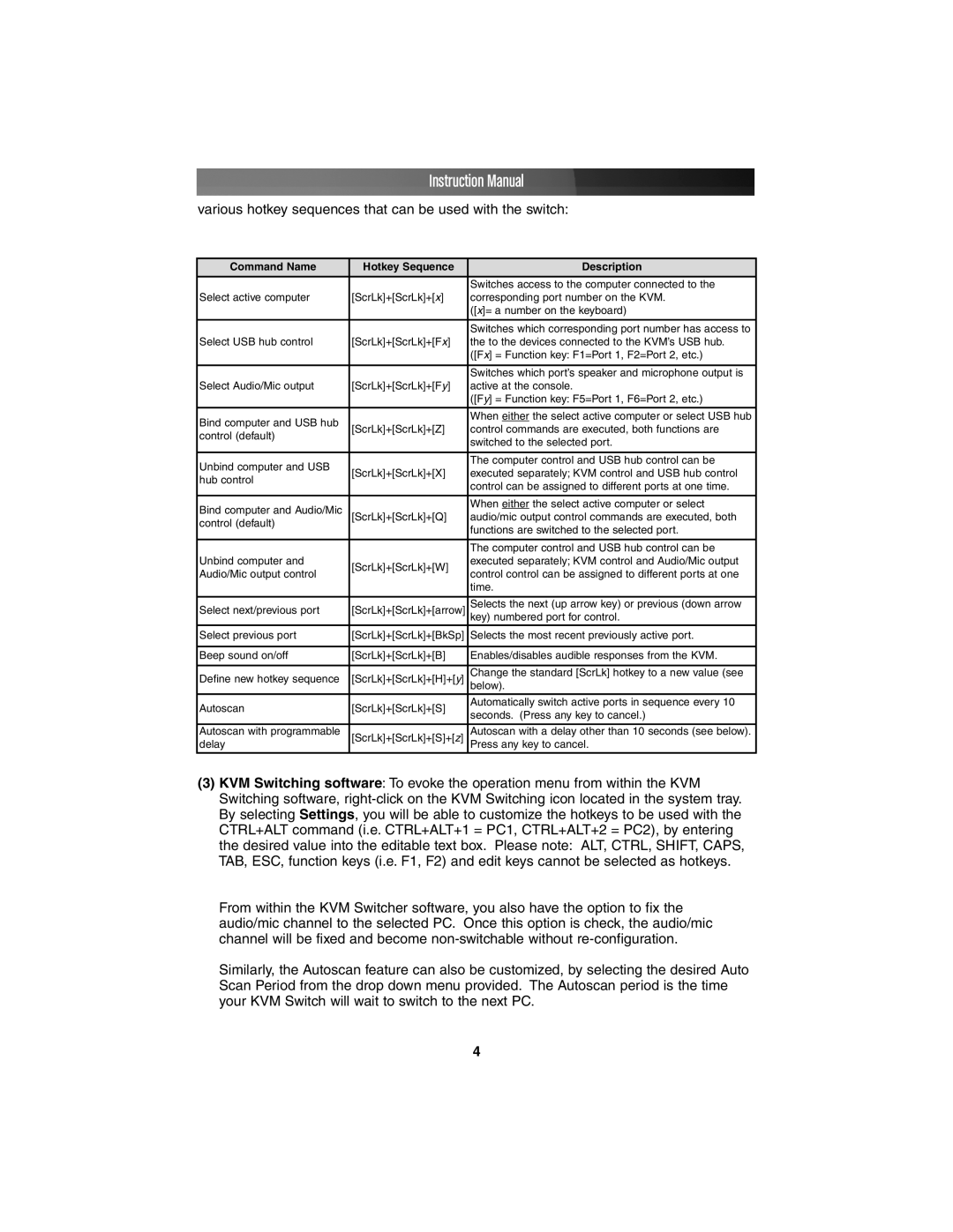 Star Tech Development SV211KUSB instruction manual Various hotkey sequences that can be used with the switch 