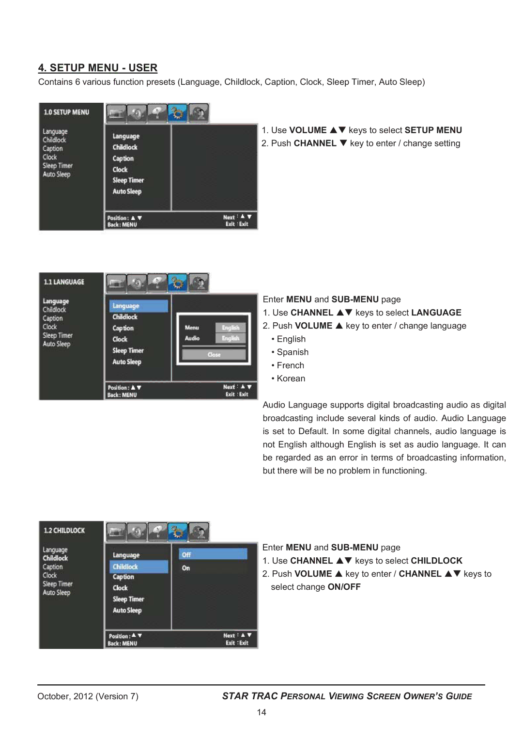 Star Trac 620 -8173 manual Setup Menu User 