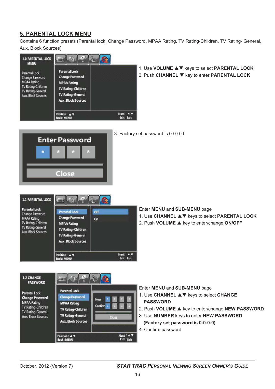 Star Trac 620 -8173 manual Parental Lock Menu, Use Channel keys to select Parental Lock 