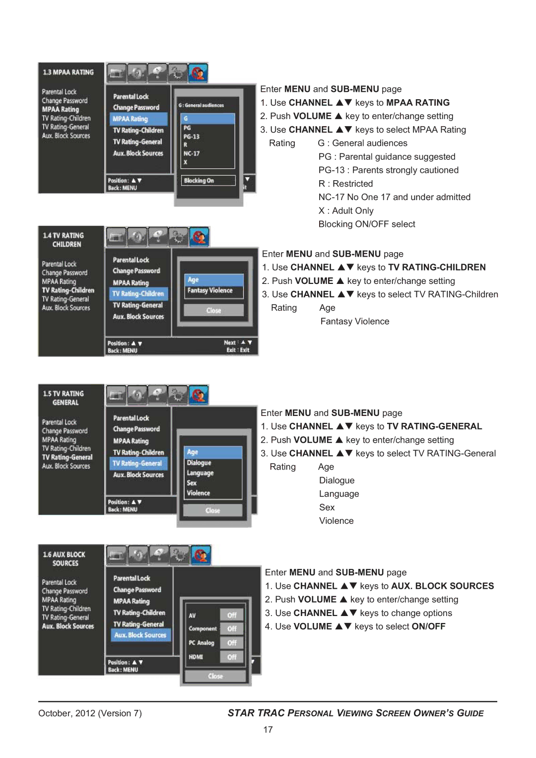 Star Trac 620 -8173 manual Use Channel keys to Mpaa Rating, Use Channel keys to TV RATING-CHILDREN 