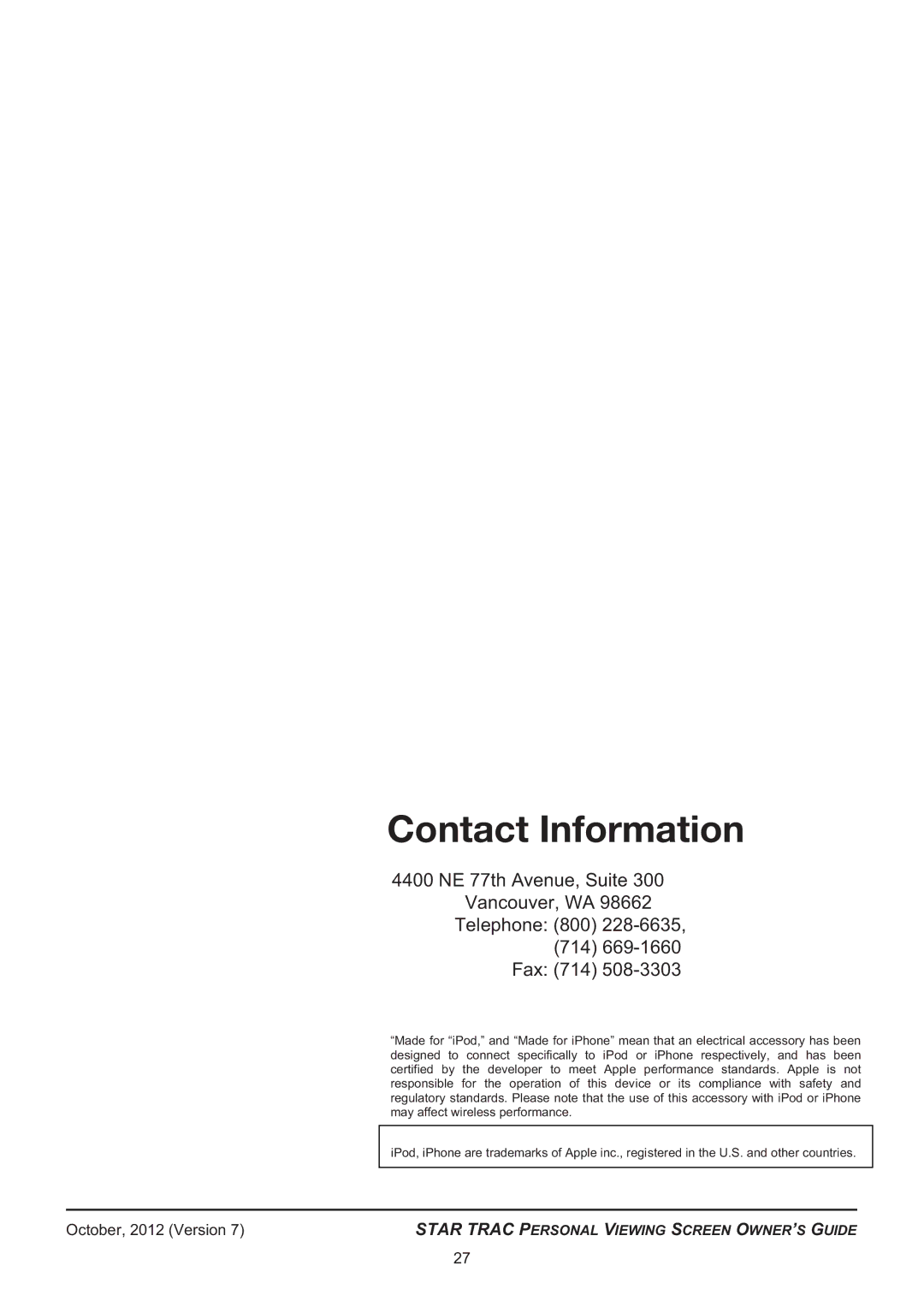 Star Trac 620 -8173 manual Contact Information 