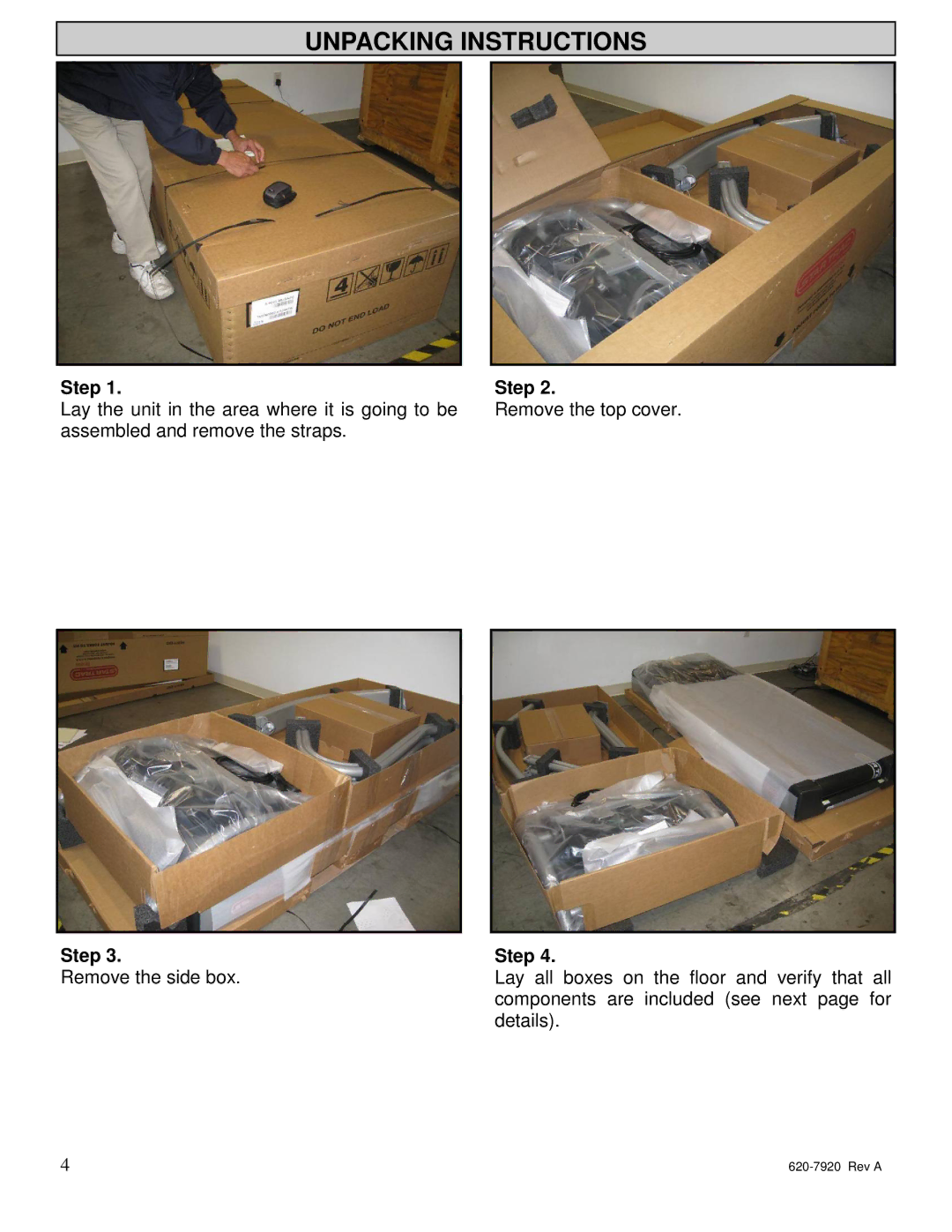 Star Trac 620-7920 manual Unpacking Instructions 