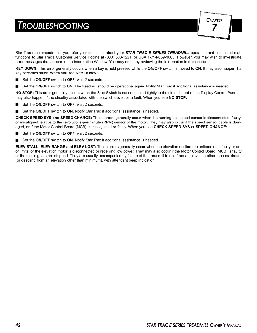 Star Trac 620-7920 manual Troubleshooting 