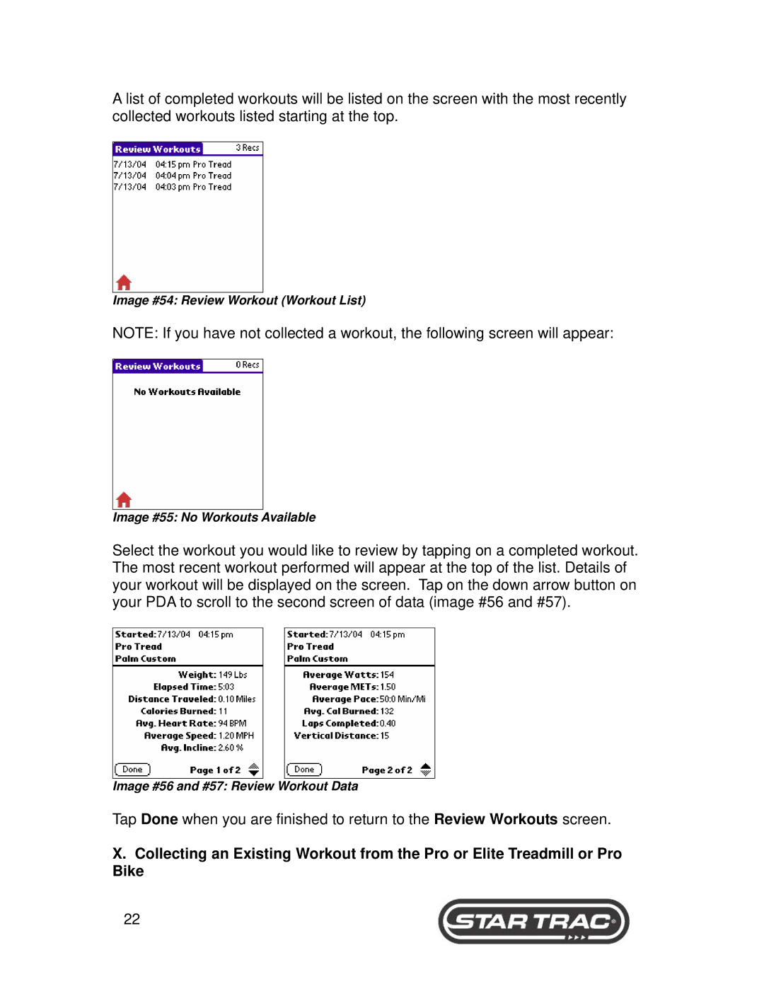 Star Trac 6300, 6400 Series manual Image #56 and #57 Review Workout Data 