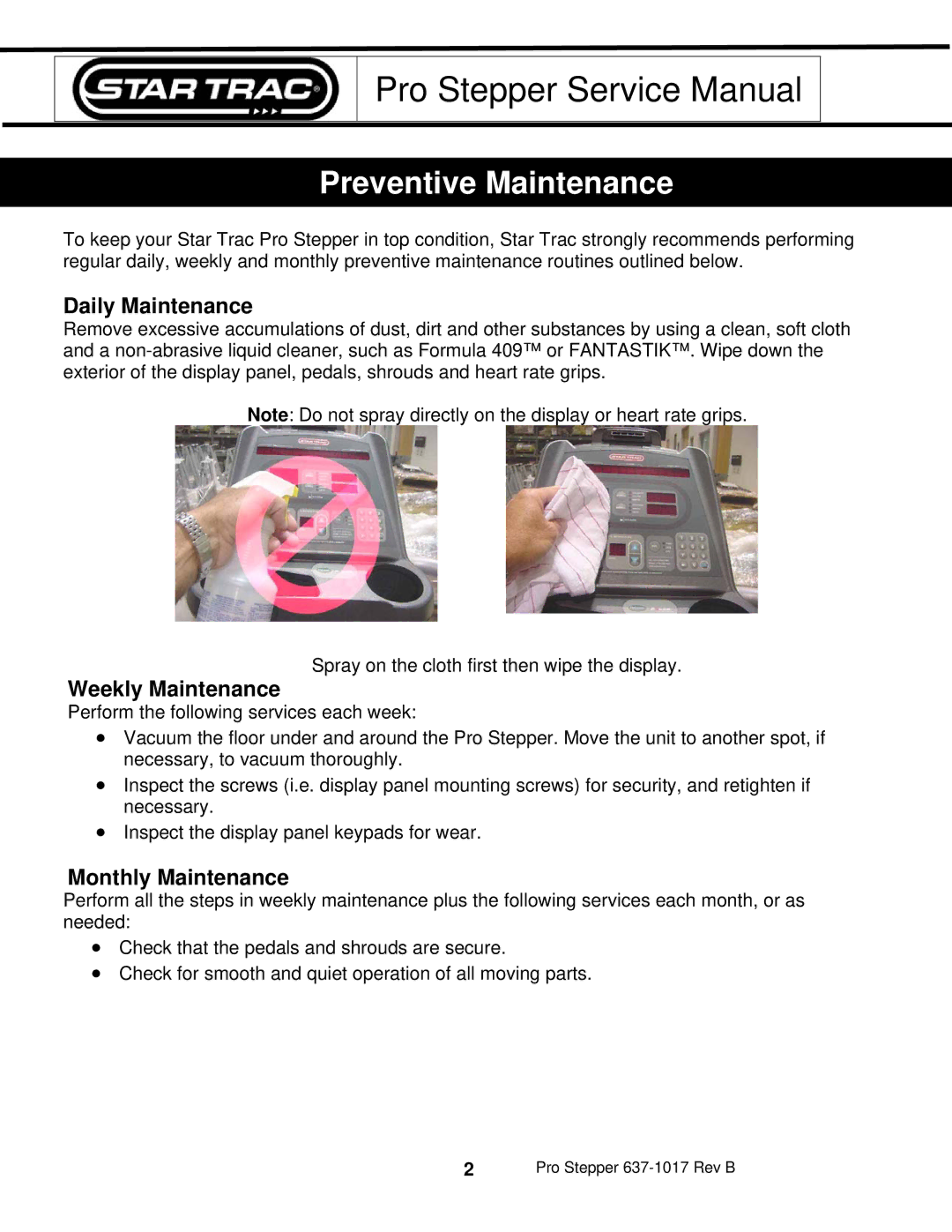 Star Trac 637-1017 manual Preventive Maintenance, Daily Maintenance, Weekly Maintenance, Monthly Maintenance 