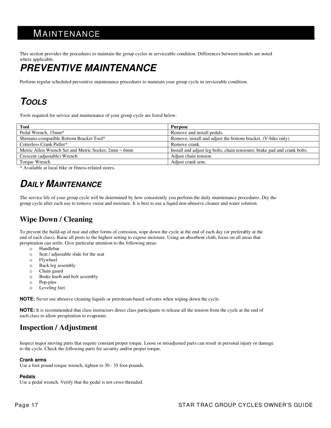 Star Trac 5700, 7000, 6800, 6900 manual Preventive Maintenance, Tool Purpose 