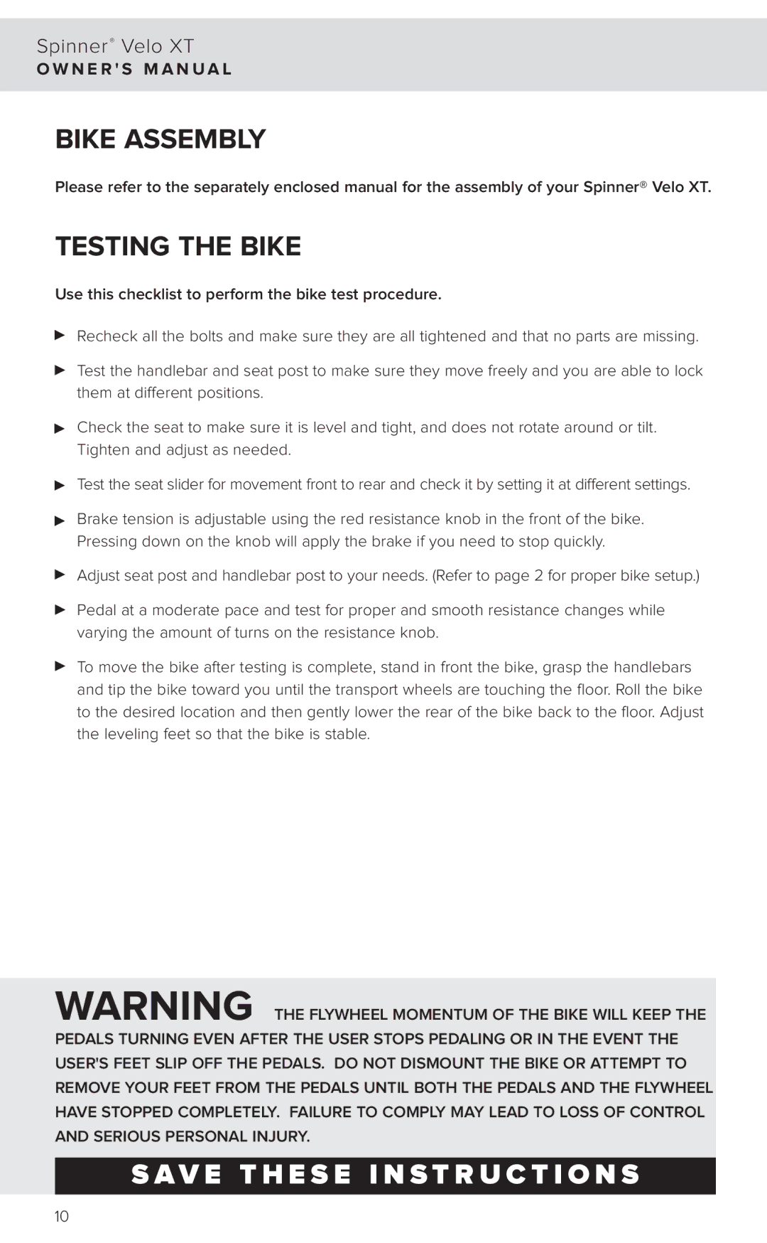 Star Trac 7040 manual Bike Assembly, Testing the Bike 