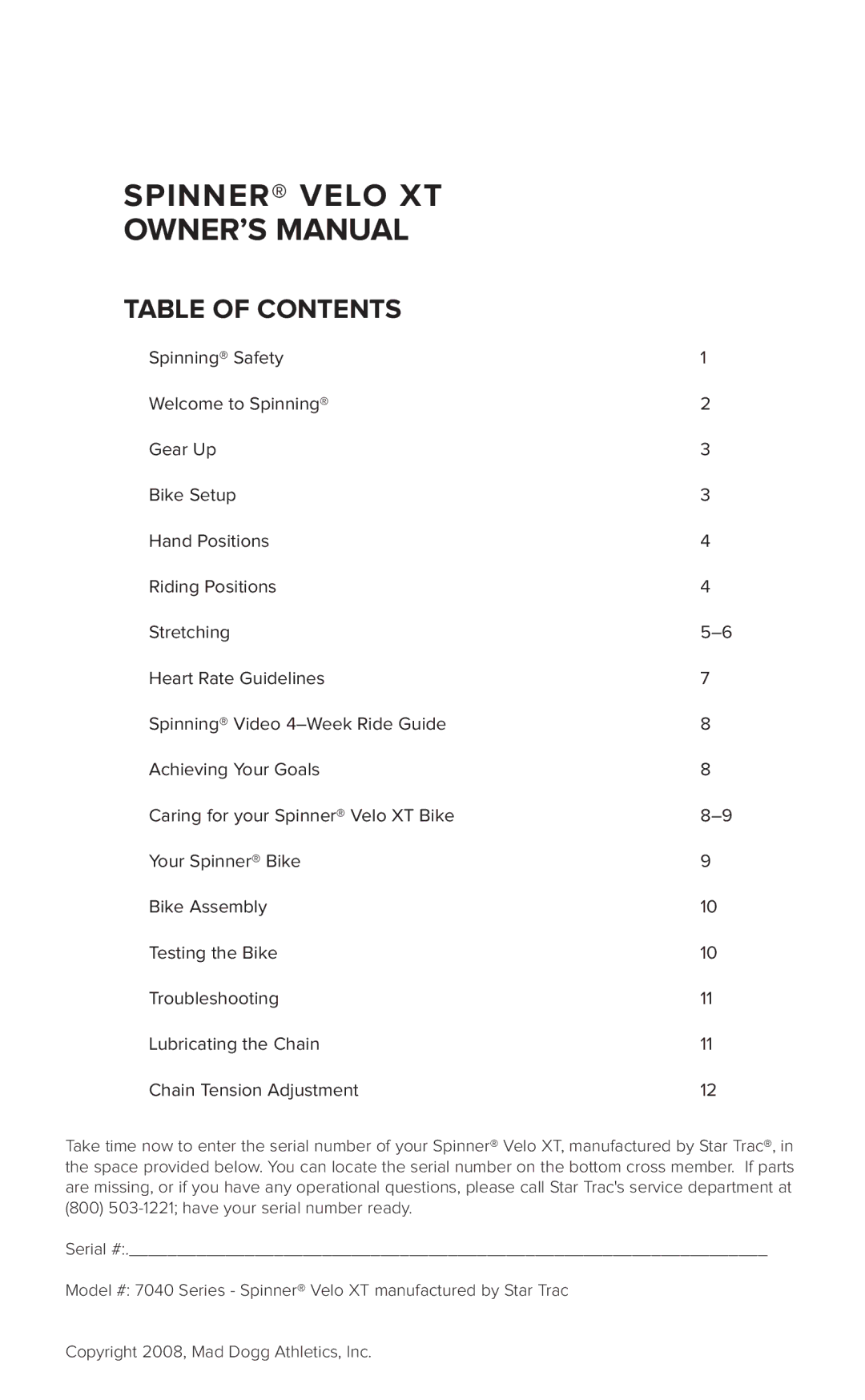 Star Trac 7040 manual Spinner Velo XT, Table of Contents 