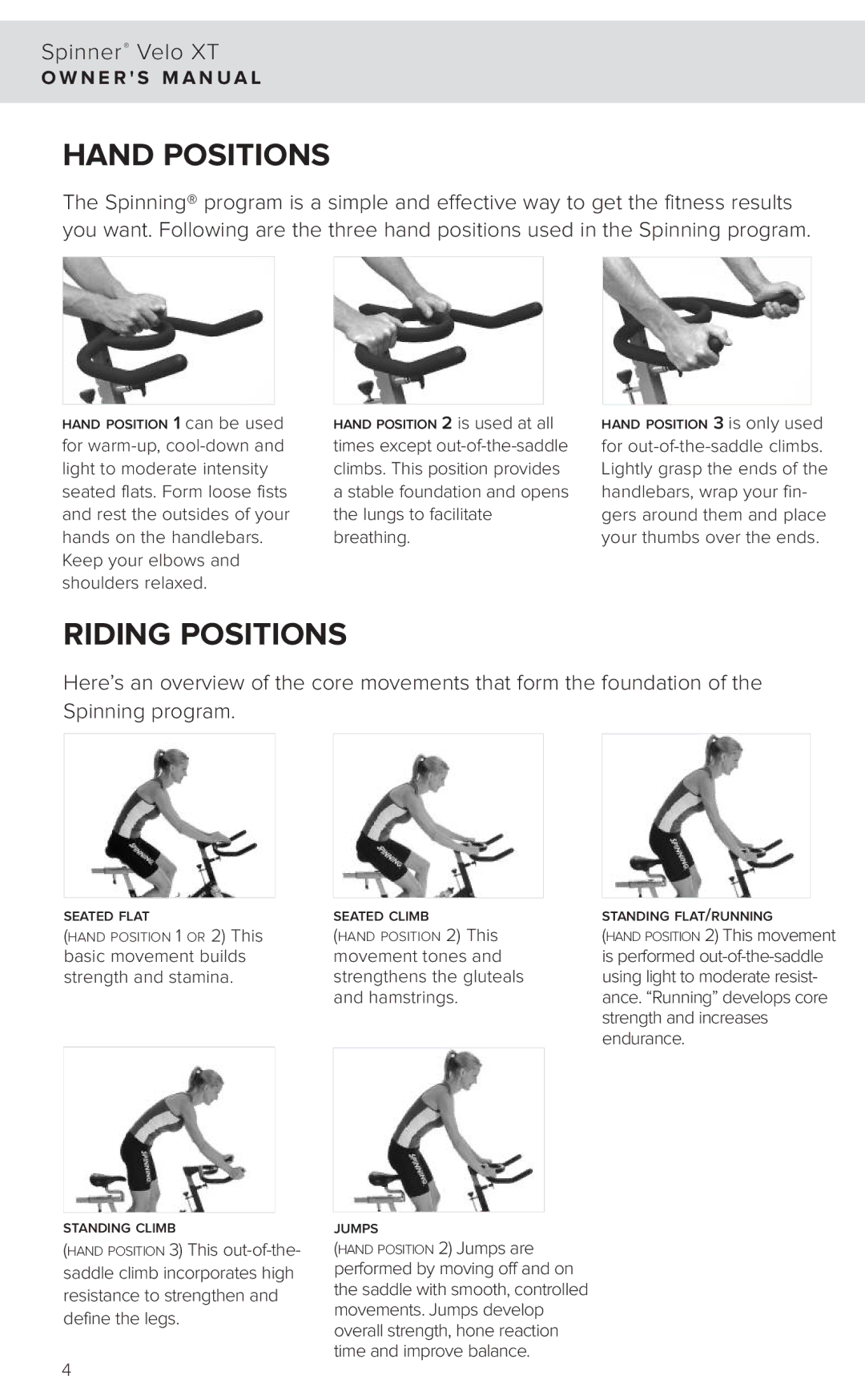 Star Trac 7040 manual Hand Positions, Riding Positions 