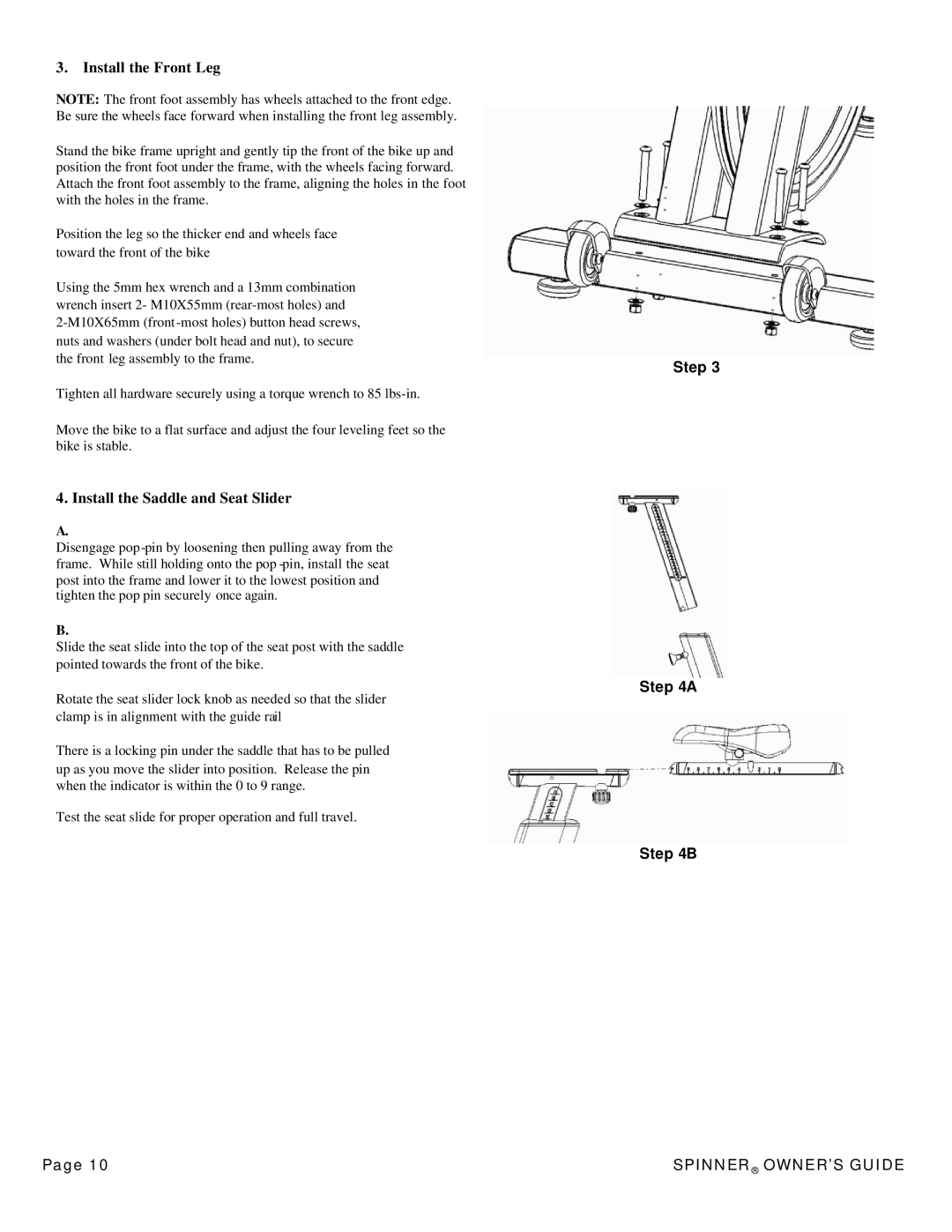 Star Trac 7080, 7090, 7060, 7070 manual Install the Front Leg, Install the Saddle and Seat Slider 