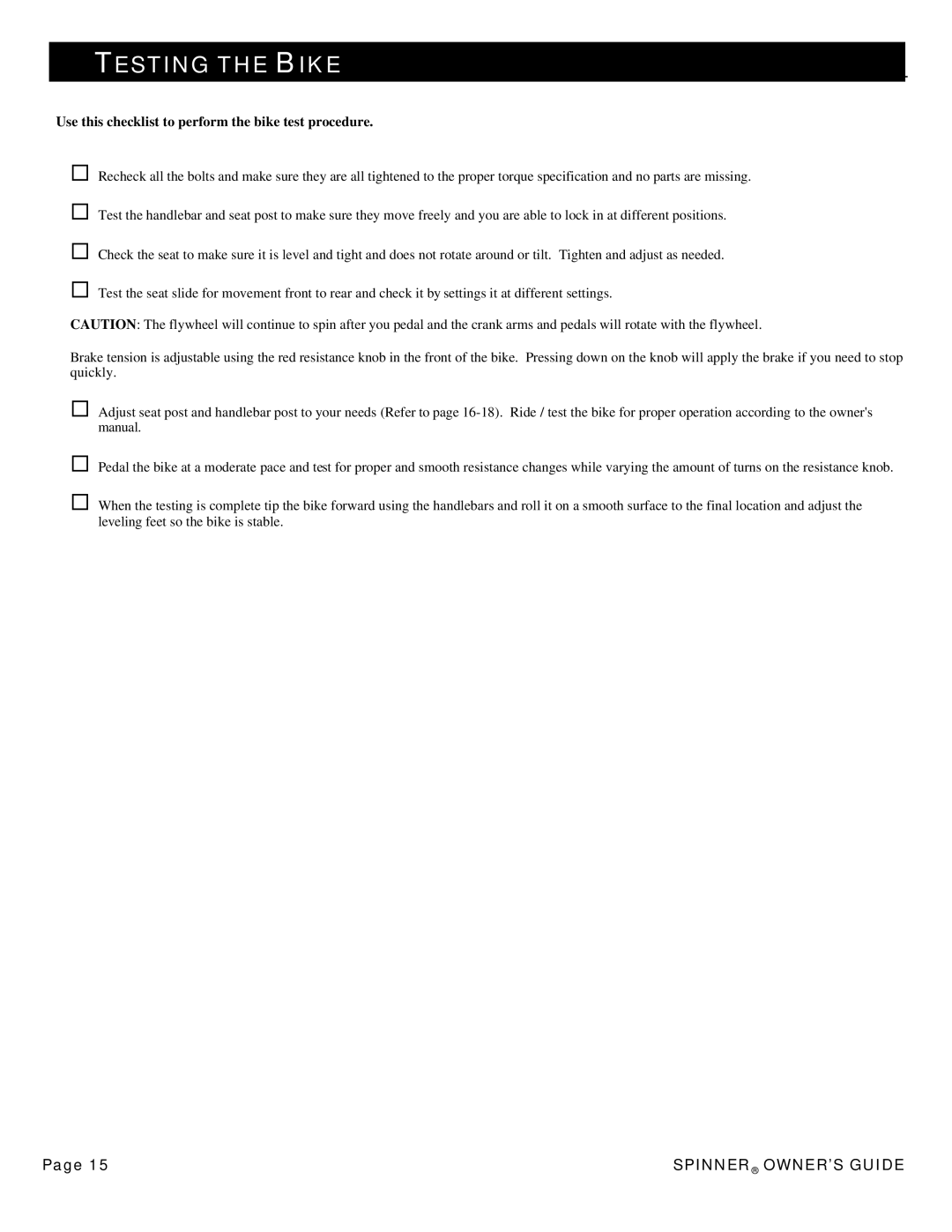 Star Trac 7070, 7090, 7060, 7080 manual Testing the Bike, Use this checklist to perform the bike test procedure 