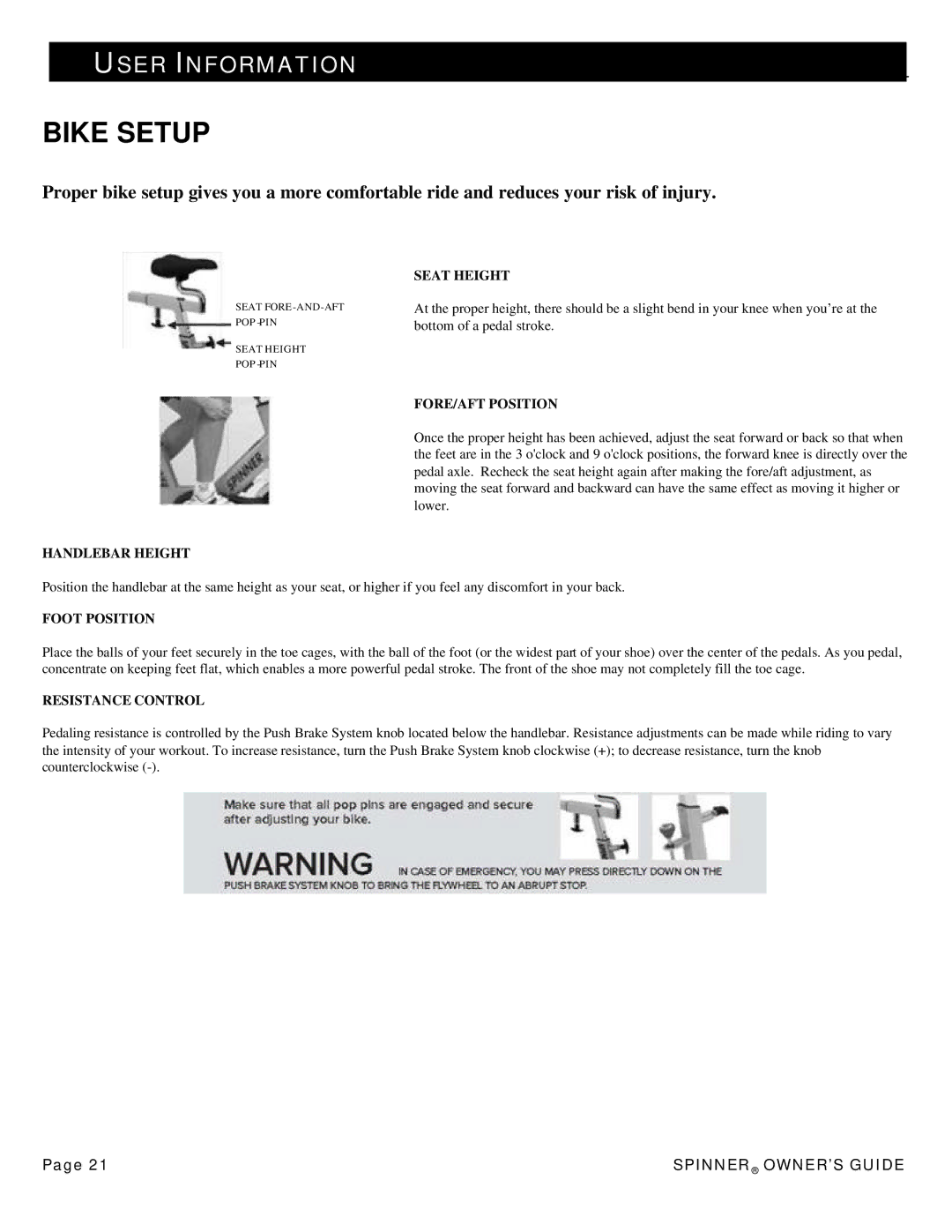 Star Trac 7060, 7090, 7080, 7070 manual Bike Setup, User Information 