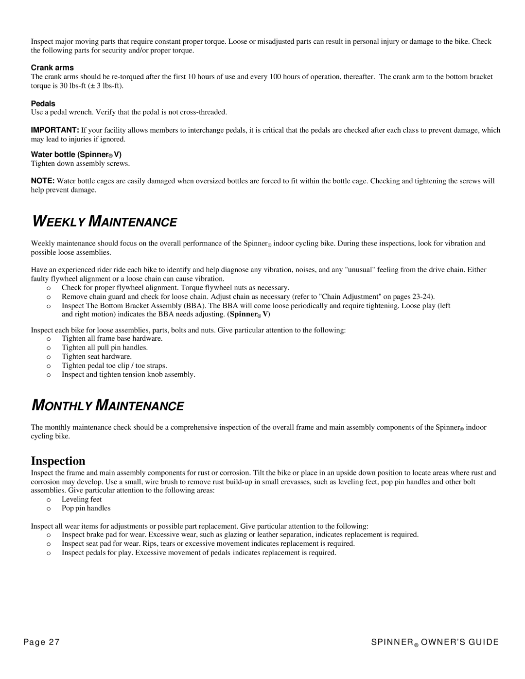 Star Trac 7070, 7090, 7060, 7080 manual Weekly Maintenance, Monthly Maintenance 